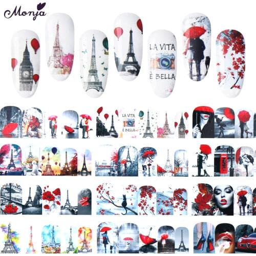 Monja 12 Sheets Nail Art Water Transfer Stickers Maple Eiffel Tower Maple Pattern Design Full Cover Foil Decals DIY Decoration