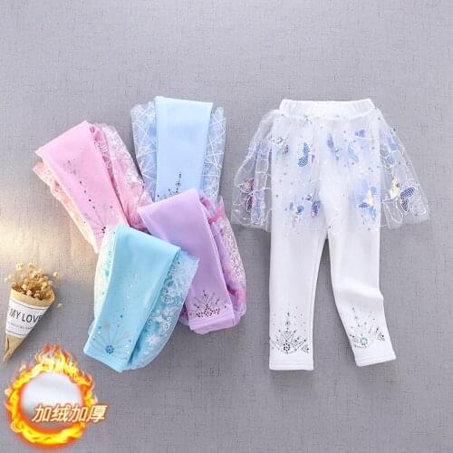 Autumn Winter Toddler Girls Skirt Pants Fashion High Waist Plus Velvet Kids Leggings Lace Stitching Thick Warm Culottes For Girl