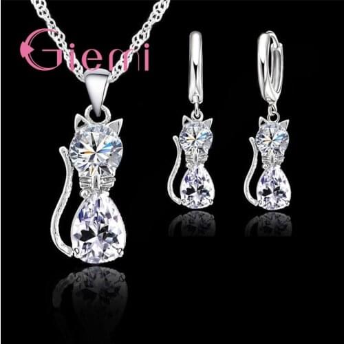 Genuine Top Highly 925 Sterling Silver Clear Cubic Zirconia Cat Pendant Necklace+ Earrings Hot Crystal Jewelry For Women
