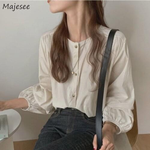Shirts Women Plus Size 5XL Solid O-neck Long Sleeve Korean Preppy Style Vintage Design Lovely Elegant Cute Ladies High Street