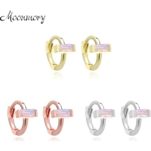 Moonmory 100% 925 Sterling Silver Rectangle Box Opal Huggie Hoop Earring Simple Round Hoop Korean Earrings For Women Jewelry