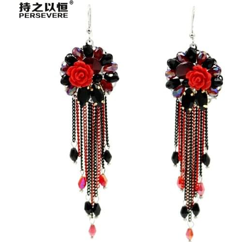 PERSEVERE Long Tassel Crystal Beads Bohemian Style Drop Earrings Fashion Flower Big Earrings For Women Handmade Jewelry