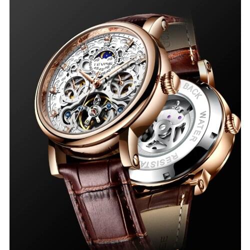 TEVISE Tourbillon Automatic Mechanical Watch Men Classic Retro Clock Male Genuine Leather Waterproof Business mecanico relojes