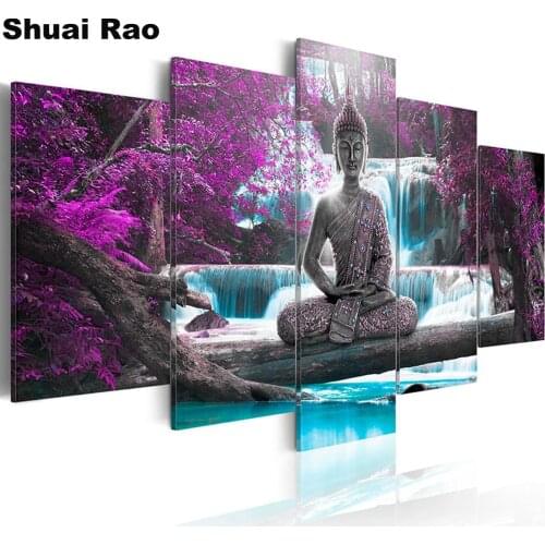 Waterfall purple tree Buddha Statue 5d round Daimond Embroidery diamond painting full Square drill cross stitch mosaic 5 pcs set