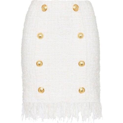 High Quality Winter New Skirt Short Wool Tassel Tweed Sexy Office Ladies Pencil White Double Breasted Buttons Women Skirts 2019