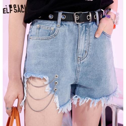 ELFSACK Solid Pure Ripped Hole High Waist Smart Casual Women Denim Shorts 2021 Summer Chic Chain Ladies Basic Daily Bottoms