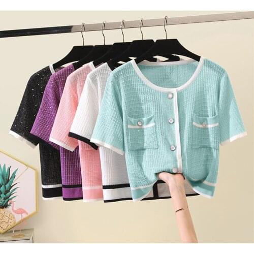 Women Summer Black White Hollow Out Thin Shirt Cardigan Short Sleeve O Neck Pink Purple Knit T-shirts Fashion Pocket Slim Tops