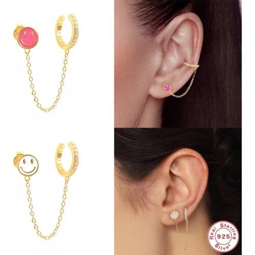 GS 925 Sterling Silver Colorful Enamel Smiley Face Stud Earrings 2021 Trend Dripping Oil Zircon Chain Earrings Cartilage Clip