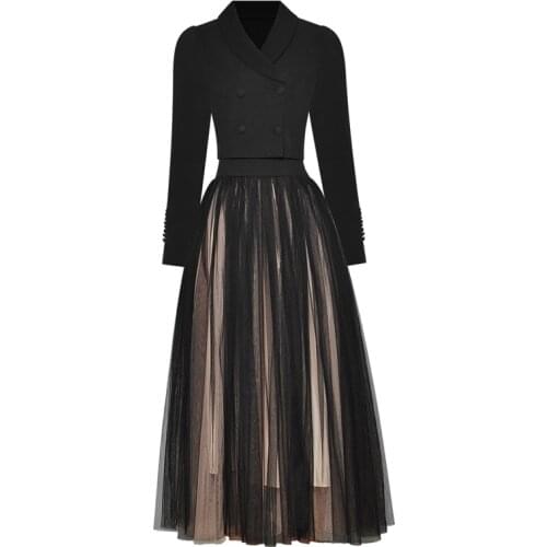 Ladies Fall Fashion Clothes Two Pieces Set Black Suit Outfits Double-Breasted Buttons Crop Jacket + Long Maxi Mesh Skirt Gown