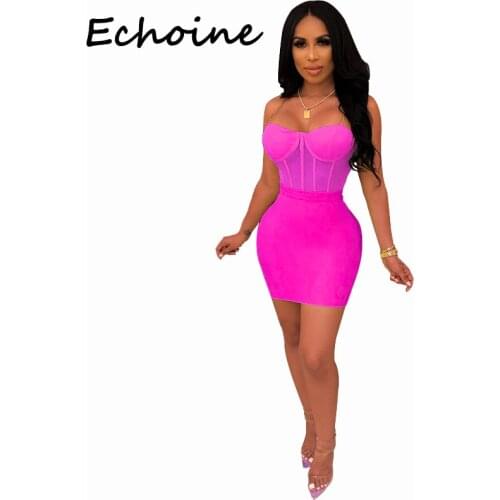 Echoine Sexy Spaghetti Straps Sheer Mesh Two Piece Set Crop Top + Bodycon Mini Dress Women Two Piece Outfits