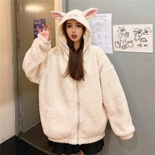 Winter Couples Hoodies Women Men Lamb Wool Sweatshirts Funny Cartoon Pig Zipper Hoodie Long Sleeve Korean Thicken Hooded Plus