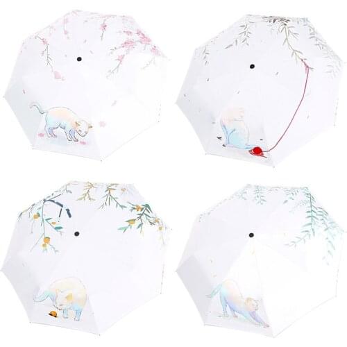 Sun Umbrella Rain Three Folding Umbrella Lovely Cat Female Parasol Gifts Four Seasons Cat Illustration Umbrella