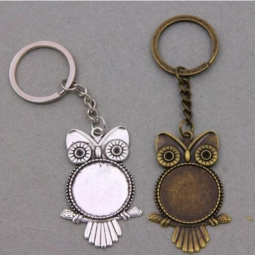 2PCS Alloy Metal Key chain round owl Cabochon Setting DIY Vintage Handmade Key Chain Jewelry Making