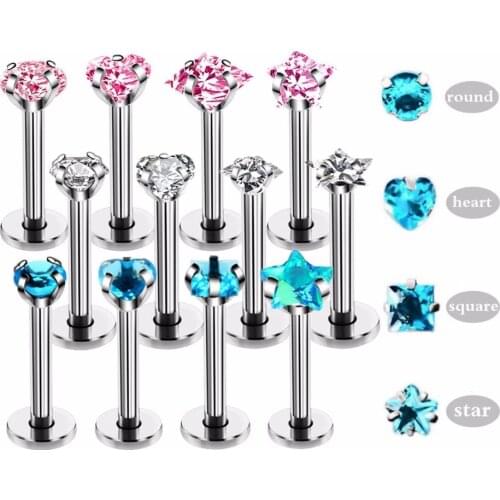 4pcs/set Mix Design CZ Zircon Labret Lip Piercing Jewelry Surgical Steel Cartilage Tragus Round Ear Stud Screw Percing Nose Ring