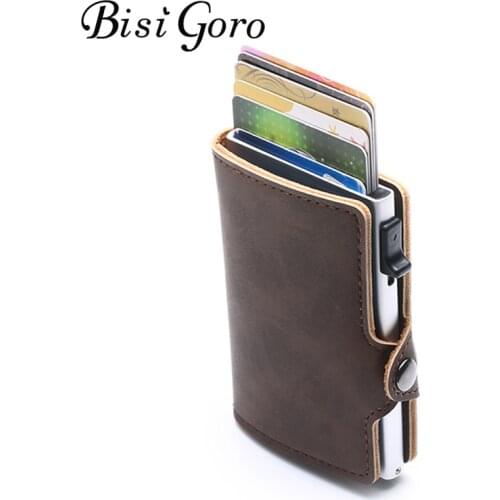 BISI GORO Slim Aluminum RFID Wallet PU Leather Blocking Credit Card Holder Card Case for Travel Vintage Purses Dropshipping