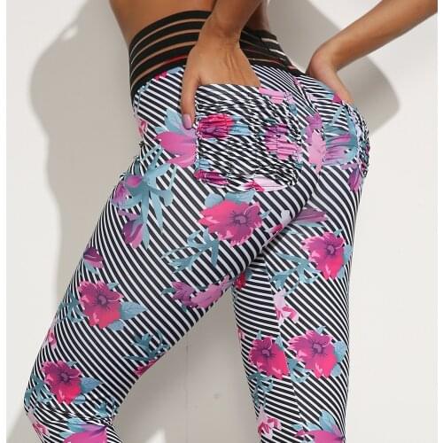 Scrunch Booty Leggings Mesh Patchwork Running Pant Floral Printed Leggings Yoga Pants With Pockets For Women Lift Butt Leggings