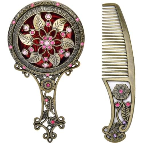 Classic Chic Retro Vintage Pocket Mirror Compact Makeup Mirrors Comb Set Hand Make Up Bronze Hollowed-Out Make Up Mirrors