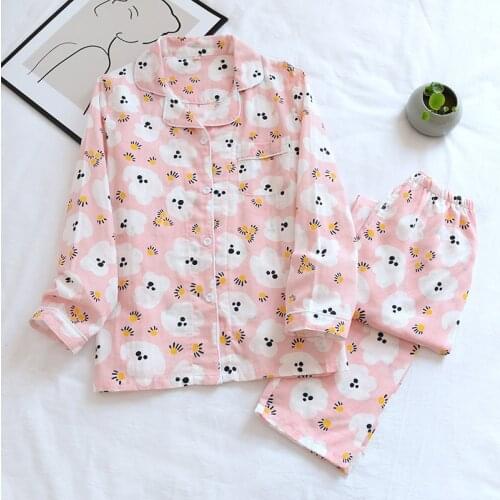 Ladies Pajamas Pants Long Sleeve Large Size Suit Double-layer Gauze Living Clothes Four Seasons Thin Style Pajama Set Women