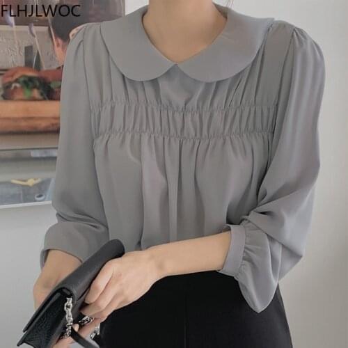 Korea Chic Tops Japanses Cute Sweet Girls Lady Flhjlwoc Design Solid Peter Pan Collar Single Breasted Women Shirts