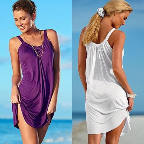 Summer Women Fashion Backless Casual Beach Mini Dress Solid Color Sleeveless Short Suspender Dress Bikini Cover-Ups