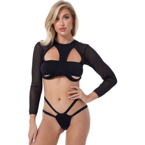 Summer Women See-Through Mesh Swimming Suit Swimwear O Neck Long Sleeve Cutout Crop Top With Thongs Bikini Tankini Bottom