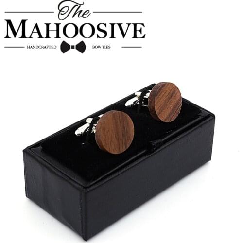 MAHOOSIVE Wooden Cufflinks France Wedding Groom Round Black Walnut Cufflinks For Mens shirt accessories Cuff Links men jewelry