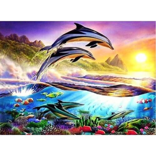 5D DIY Poured Glue Diamond Painting Kits Scalloped Edge Full Round Drill Dolphin and Sunset Mosaic Art Landscape Decoration Home