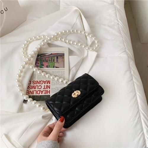 2021 New Pearl Beaded Shoulder Belt Design Small Brand High Quality PU Leather Womens Brand Handbag Chain Crossbody Bag