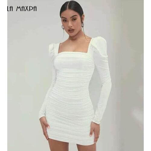 2021 summer new ladies one-word square neck bubble long-sleeved slim sexy backless ruffle dress bag hip