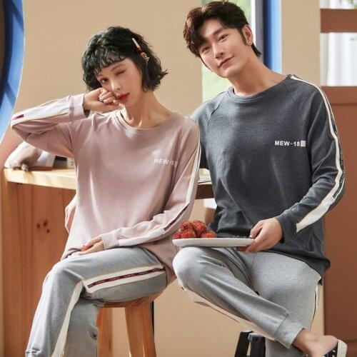Autumn Winter Couple Pajamas Simple Gray Cotton Splicing Round Neck Long Sleeve Woman Sleepwear Loose Comfort Home Clothes Mens