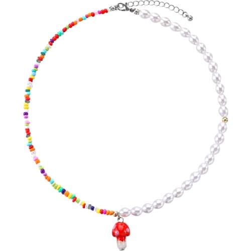Red Mushroom Pendant Necklace for Women Imitation Pearls Rice Beads Beaded Necklaces Clavicle Chain 2021 Fashion Jewelry