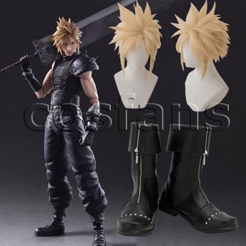 Final Fantasy 7 FF7 Cloud Strife Cosplay Boots Customized Black Cosplay Shoes FF7 Cloud Strife Linen Blonde Cosplay Wigs+wig cap