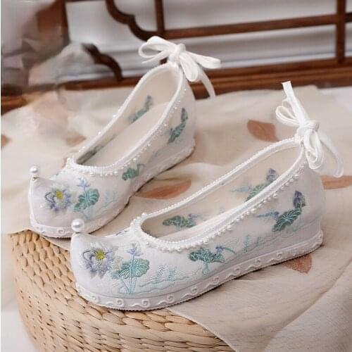 Ancient Old Beijing Cloth Shoes Womens Costume Hanfu Antiquity High Heel Folk Dance Thick-soled Wedges Embroidered Shoes