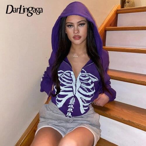 Darlingaga Goth Skeleton Print Autumn Winter Hoodies Women Zipper Up Harajuku Sweatshirt Gothic Clothes Loose Jacket Coat Hooded