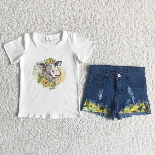 High Quality Baby Grils Fashion Summer Denim Shorts And White T-Shirt Clothing Set Kids Boutique Cow Pattern Outfit