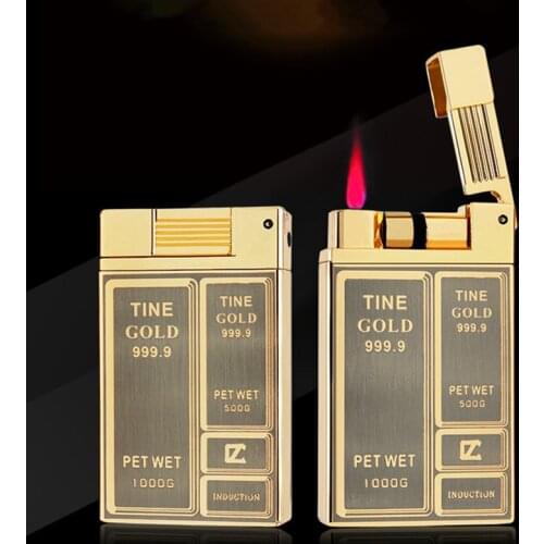 High-end Luxury Gold Brick Metal Lighter Jet Torch Turbo Grinding Wheel Butane Gas Lighters Flint Inflated Gasoline Oil Lighter
