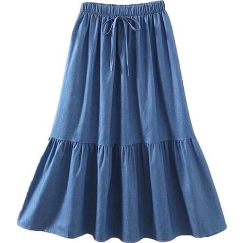 Summer 2020 Casual Retro Blue Jean Skirts Slim High Waist Belted Loose Hem Girlish Ruffles Denim Skirts Patchwork Large Size 7XL