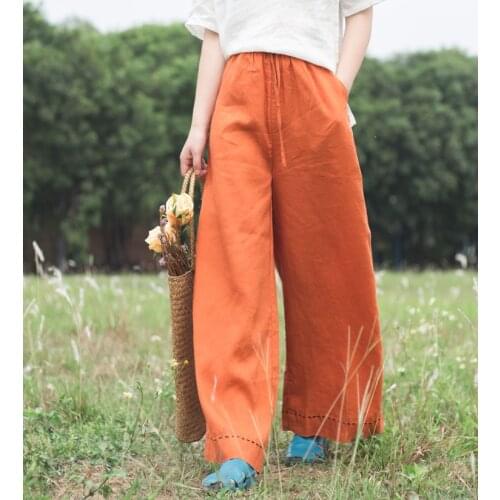 Women Summer Plus Size Linen Wide Leg Pants Ladies Elasitc Waist Loose Linen Pants Female Flax Wide Leg Trousers Vintage 2021