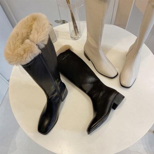 Womens Boots Winter Genuine Leather Knee-High Round Toe fashion Keep warm Long Boots Rabbit fur Zipper Shoes