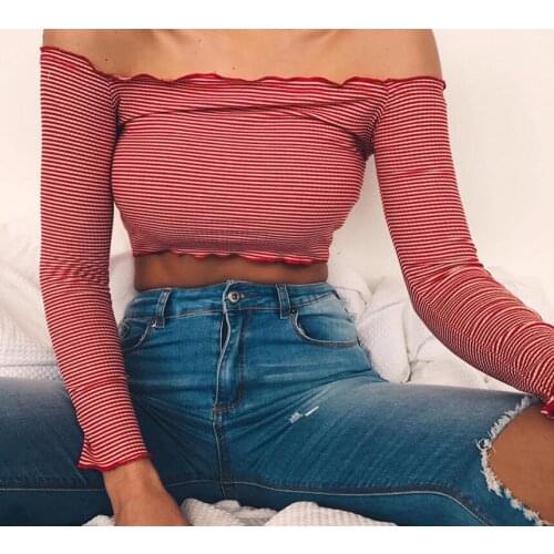 Off shoulder striped crop top ruffle sexy t shirt women 2019 Autumn casual t-shirts female short Belly button tops tee black red