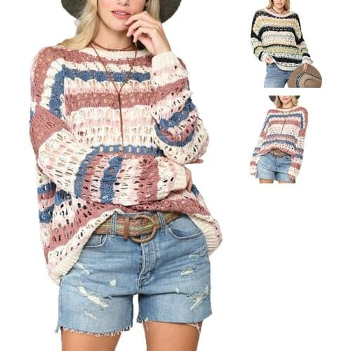 Beach overalls 2021 autumn new products hollow round neck sweater color striped stitching sweater women cute sweater