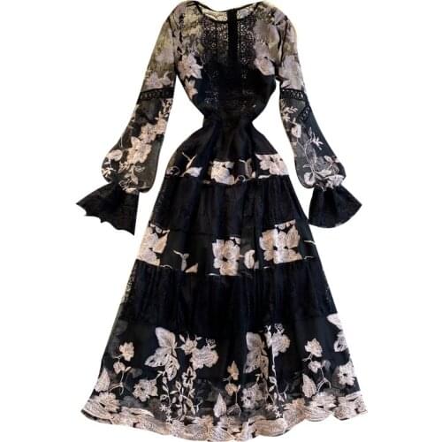 Embroidery Vintage O-Neck High Waist Vestidos Long Sleeve Lace Fashion Hollow Out Women Dresses Office Ladies Dress