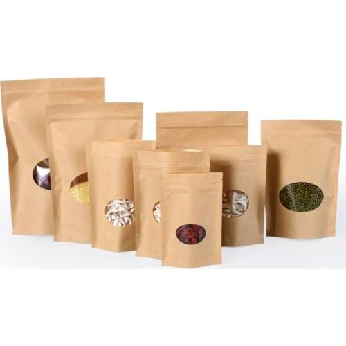 1000pcs/lot 8 Size Stand Up Kraft Paper Doypack bag Ziplock Food Storage Packing Bag Zipper Package Oval Clear Window