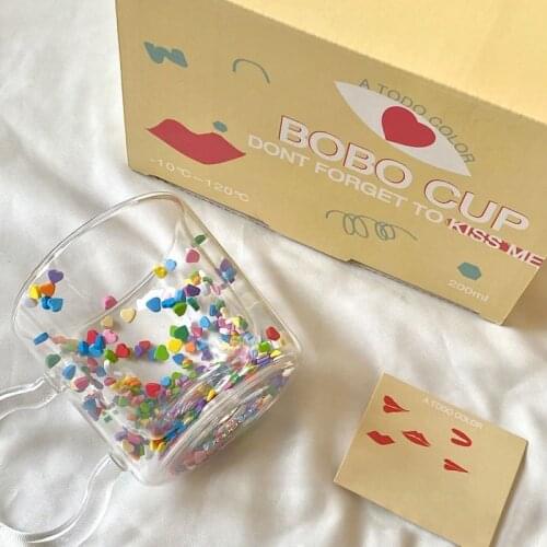 200ml Cute Girl Cup Creative Student Lady Transparent Glass Heart-shaped Quicksand Granular Drinkware Home Accessories Tea Mug