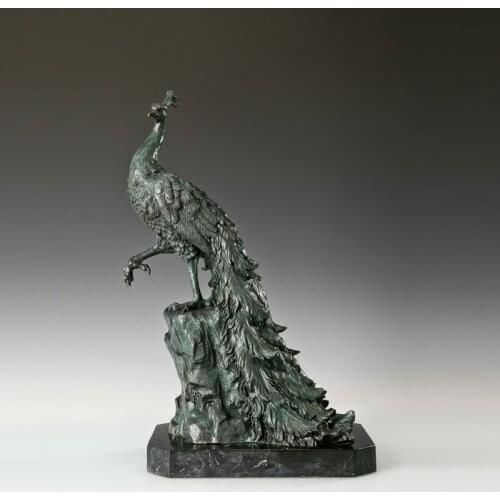 Bronze Peacock Peafowl Statue Wildlife Animal Figurine Art Home Decoration