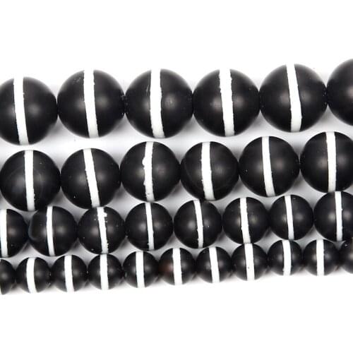 Natural Stone Frosted Black Agates Charm White Line Round Loose Beads For Jewelry Making Needlework Bracelet Diy Strand 4-12 MM