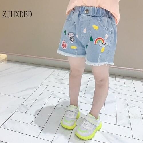 Summer 2020 New Korean Girls Rainbow Denim Shorts Blue Solid Childrens Clothing Foreign Baby Pants Trousers Children Clothing