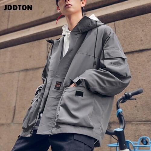 JDDTON New Mens Hoodies Jackets Mulit Pockets Letter Printing Hooded Windbreaker Casual Outwear Loose Hip Hop Male Coats JE305