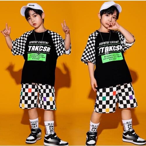 Boys Hip Hop Costumes Plaid Outfits T Shirt Shorts Street Dancing Jazz Practice Clothes Teens Child Fashion Summer Wear BL6207