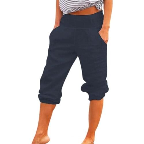 Summer Women Capri Pants Pockets Solid Color High Waist Loose 3/4 Trousers Solid Color High Waist Pockets Women capri pants 2021